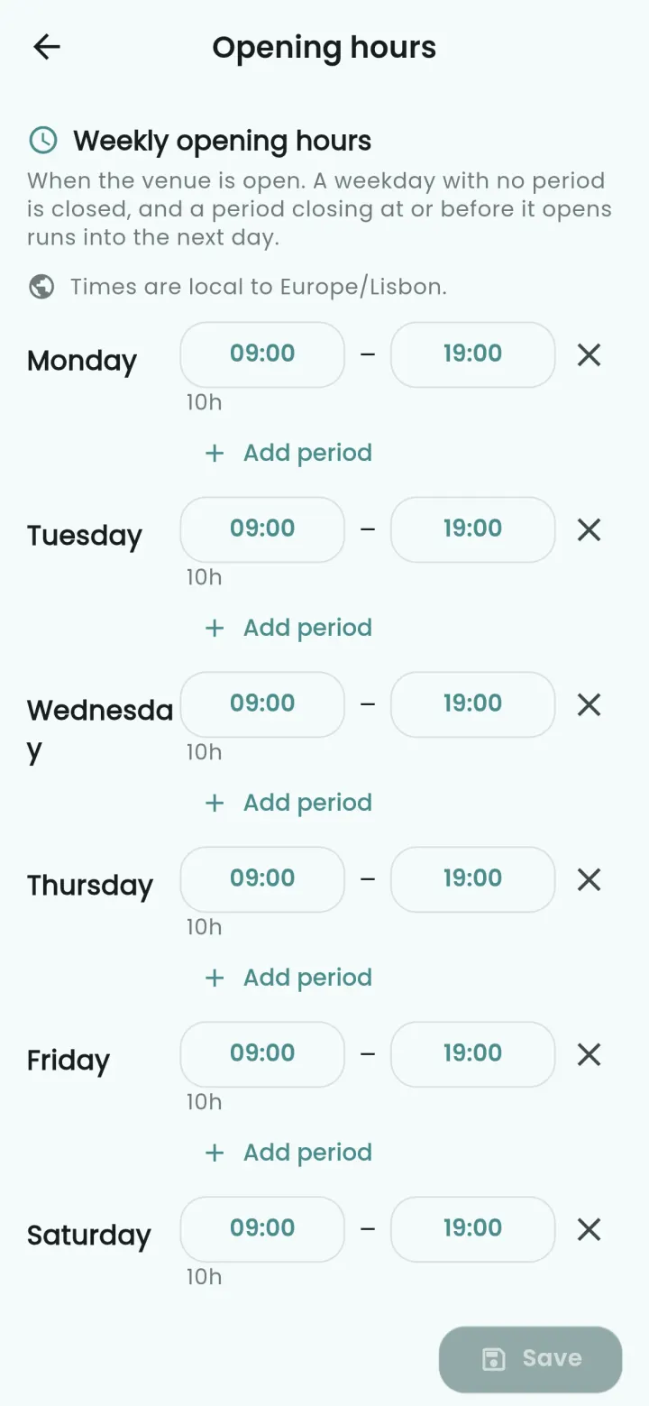 El horario semanal de apertura de una peluquería de ejemplo