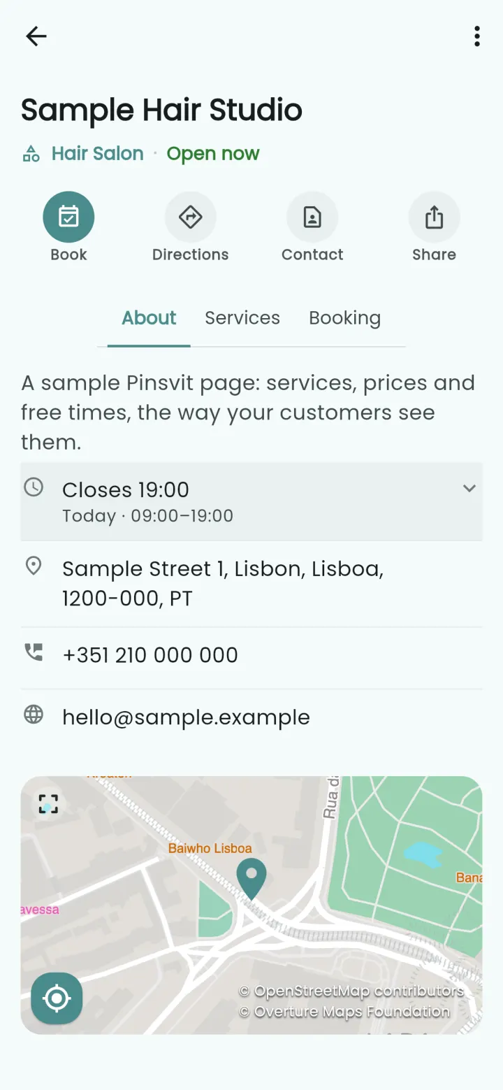 La página de Pinsvit de un local de ejemplo con horario, dirección, contactos y un mapa