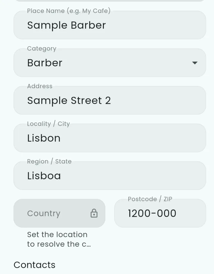 Registrando una barbería de ejemplo: nombre, categoría y dirección