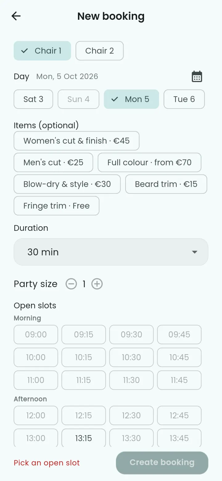 Añadiendo una reserva sin cita previa en una peluquería de ejemplo: sillón, día, servicio y una hora disponible